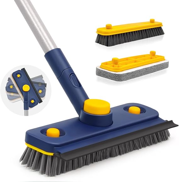 JEHONN Tub Tile Scrub Brush 3 in 1 Shower Brush, 58 Inches Long Handled Floor Scrubber and Squeegee for Cleaning Bathtub, Bathroom, Sink, Floor, Wall, Glass, Patio, Garage