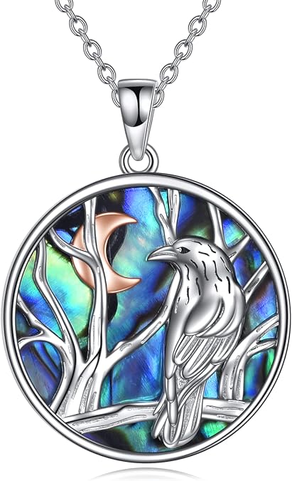 YFN Raven Crow Necklace Sterling Silver Crescent Raven Pendant Necklace Viking Jewelry Gifts for Women Men