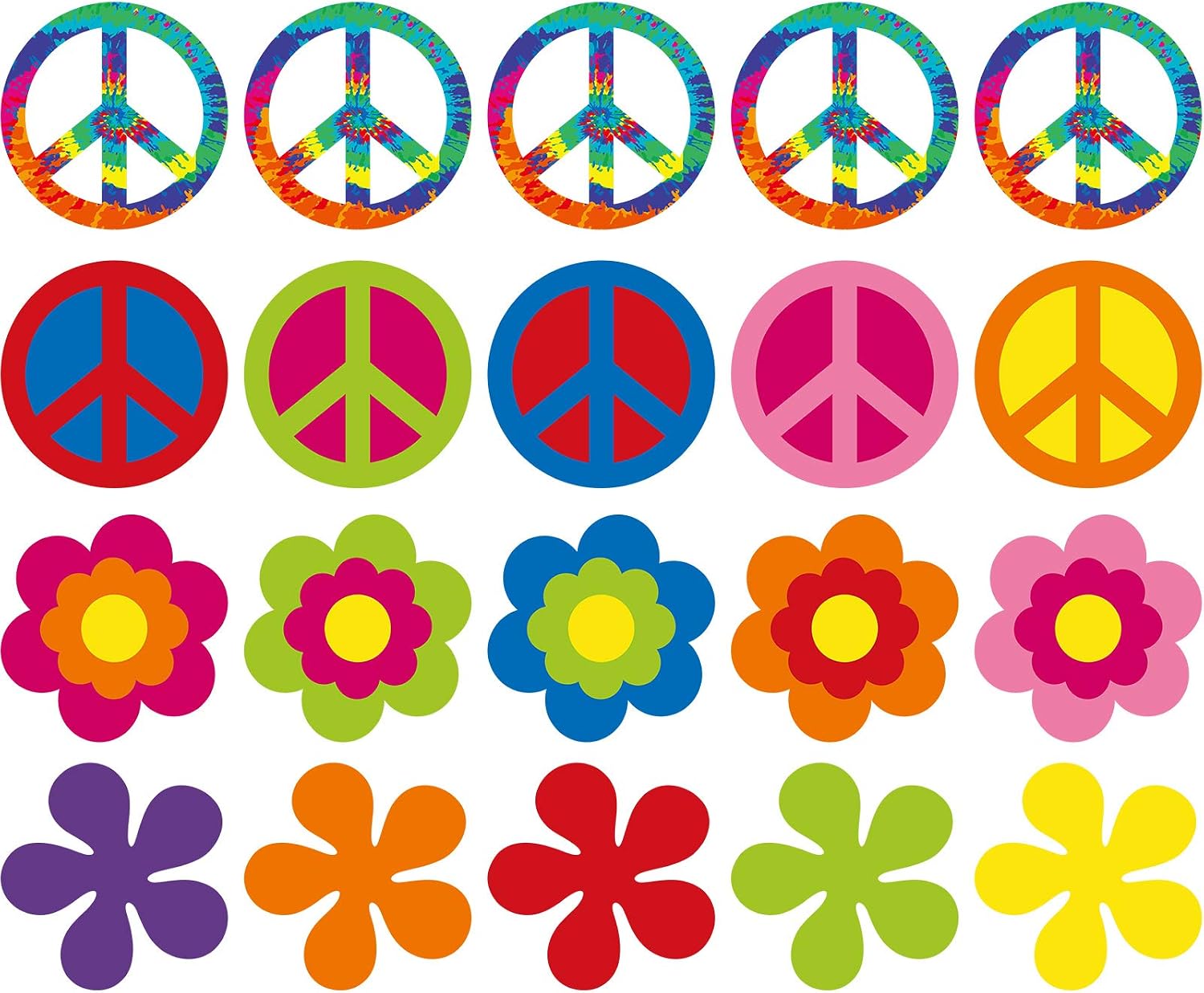 Gejoy 20 Pcs Hippie Party Flower Cutouts 60s 70s Groovy Party Cutouts Decorations Peace Sign Retro Tie Dye Decor 7.9 x 7.9 Inch with Glue Point Dots for Hippie Theme Groovy Birthday Classroom Supplies