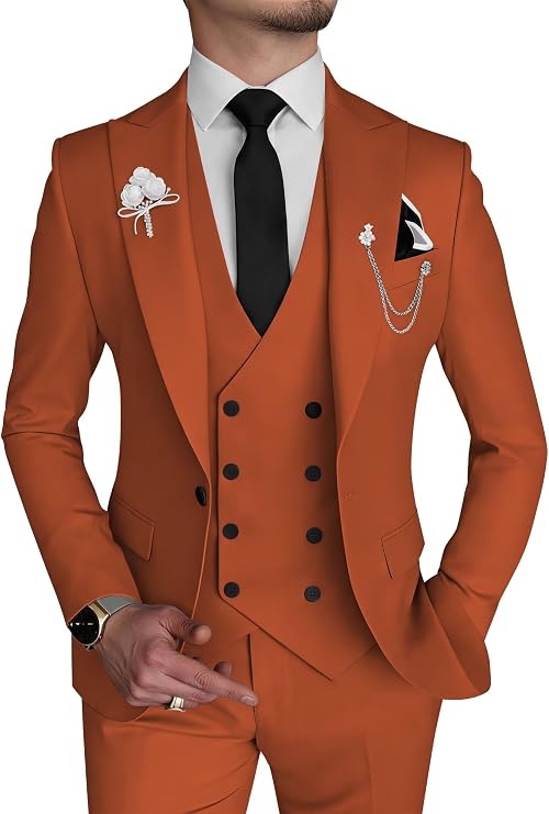 Wangyue Mens 3 Piece Suit Orange Slim Fit One Button Double Breasted Blazer Pants Set Prom Suits US52 5XL