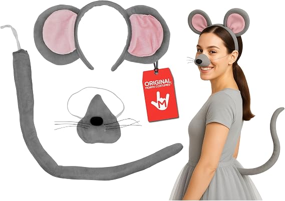 Nicky Bigs Novelties Morph Mouse Costume Set For Adults 3 Blind Mice Costumes Mouse Ears Headband Tail Nose Accessories Kit Halloween Accessory, One Size, Gray