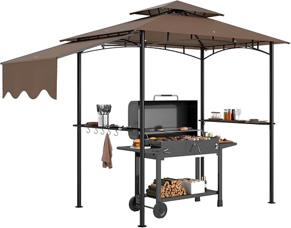 Outsunny 8' x 5' Grill Gazebo, Double Tiered Outdoor BBQ Gazebo with Side Awning, 2 Side Shelves and 6 Hooks for Patio, Deck, Yard, Brown
