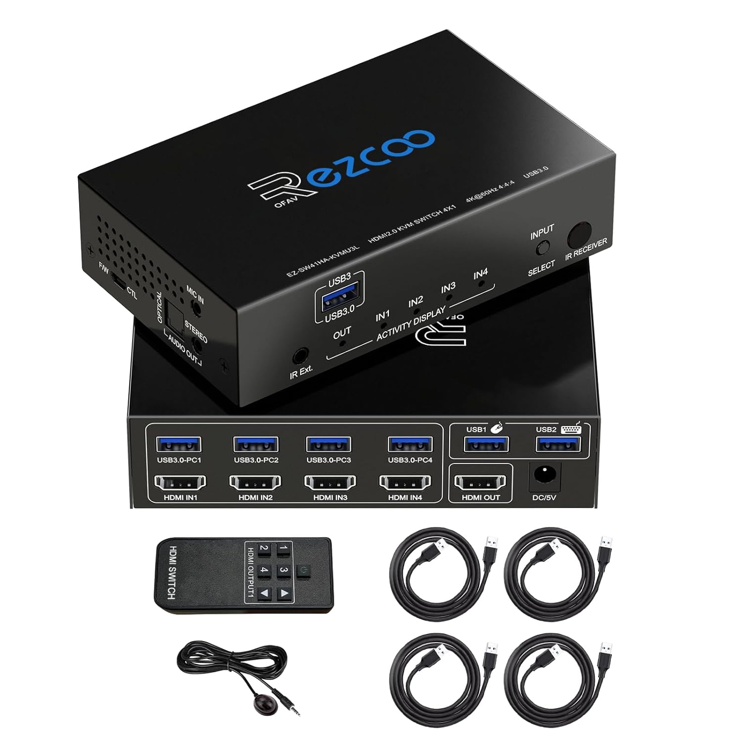 USB 3.0 KVM Switch HDMI 4 Computer 1 Monitor 4K 60Hz SPDIF LR Extractor- USB Switch Keyboard Mouse Printer Mac Windows 4 Port HDMI Switch 4x1 1080p 120Hz 144Hz HDCP Pass, IR Remote Inline Microphone