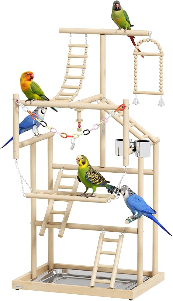 PawHut Bird Playground 4 Layer Wooden Parrot Play Stand for Parakeets