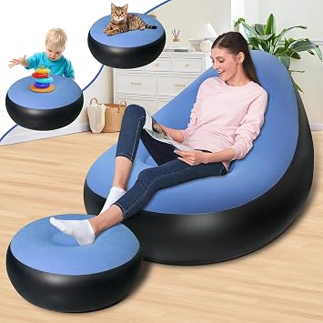 SeaSlep Inflatable Chair with Ottoman, Inflatable Couch for Adults with Flocked Surface, Comfortable Blow Up Air Chair, Waterproof Portable Air Sofa Inflatable Couch for Camping(Blue) (Without Pump)
