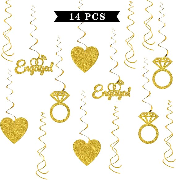 Maicaiffe We're Engaged Hanging Swirl Decorations - Glitter 14 Pcs Bridal Shower Party Supplies - Engagement Wedding Streamers - Bachelorette Party Foil Swirls Ceiling Decorations