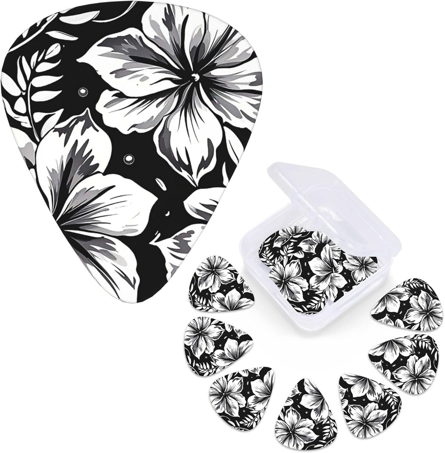 12 Pack Guitar Picks 3 Different Thickness Guitar Plectrums With Storage Box Black And White Hawaiian Flowers Guitar Picks Medium Thin Guitar Accessories 4pcs 0.46mm 4pcs 0.71mm 4pcs 0.96mm