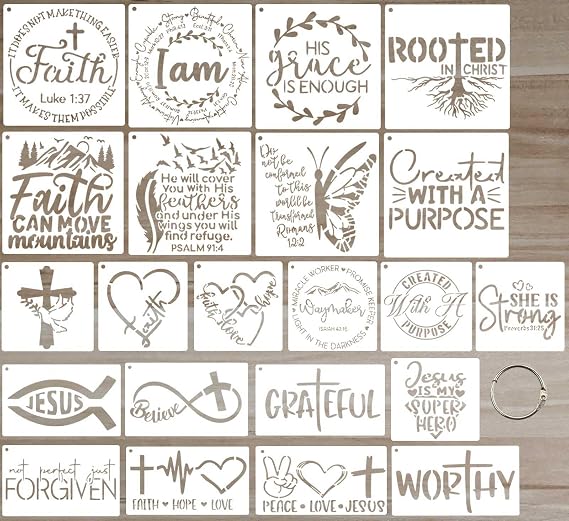 22pcs Christian Stencils for Painting Crafts Reusable Motivational Bible Verse Cross Stencil Drawing Religious Template for Wood Sign Fabric Canvas DIY Farmhouse Home Office Decor