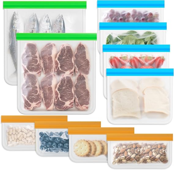 Reusable Food Storage Bags - 10 Pack Freezer Bags - Extra Thick Preservation Bags, Leakproof Silicone Bag for Meal Prep, Kitchen Organization - 2 Gallon 4 Sandwich 4 Snack Bags