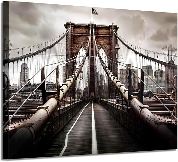 ARTISTIC PATH NYC Brooklyn Bridge Picture Artwork: New York Scene Graphic Art Painting on Canvas Wall Art for Office (36" W x 24" H,Multi-Sized)