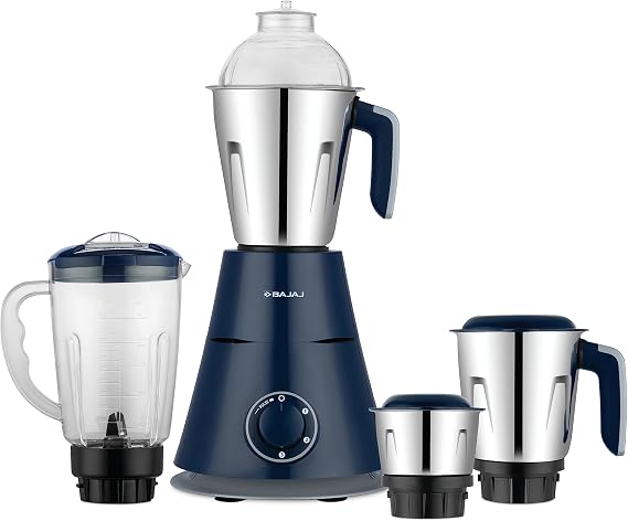 Bajaj Ninja Series Trinity Mixer Grinder - 750W Titan Motor, 4 Jars (3 Stainless Steel, 1 Juicer), Duracut Blades, Floating Base Design, Royal Blue