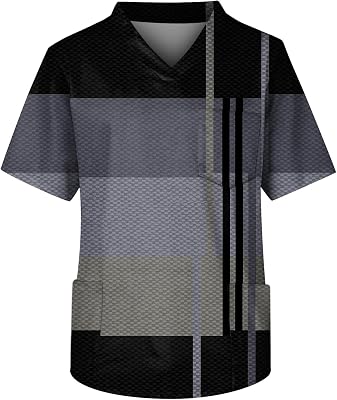Scrub Tops for Men Casual Striped Plaid Printed Shirt V-Neck Comfort Soft Stretch Working Uniform 2024 Trendy