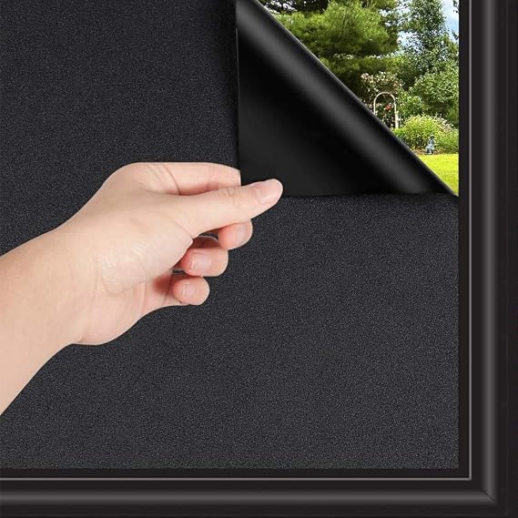 WochiTV Total Blackout Window Film 100% Light Blocking Non Adhesive No Residue Removable Opaque Static Cling Privacy Glass Tint for Home Bedroom Darkening Heat Control (17.5 in x 13.1 Ft)