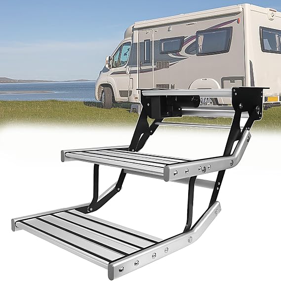 Rv Electric Steps Folding Single/Double Step With Led, 440Lbs/200Kg Capacity, No-Slip Surface, Aluminum Folding Drop Down Steps, Rv Step Stool For