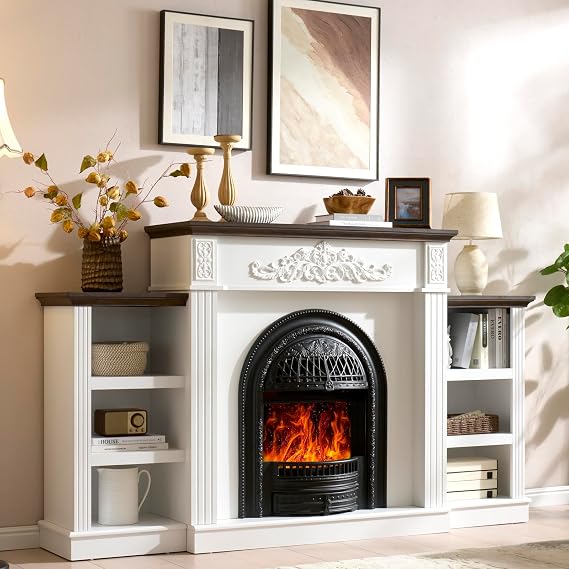 78" Birdcage-Style Electric Fireplace with Mantel, 46" Tall Fireplace TV Stand for 90" TV, Farmhouse Entertainment Center with Storage & Replaceable Insert Heater for Living Room, White+Walnut