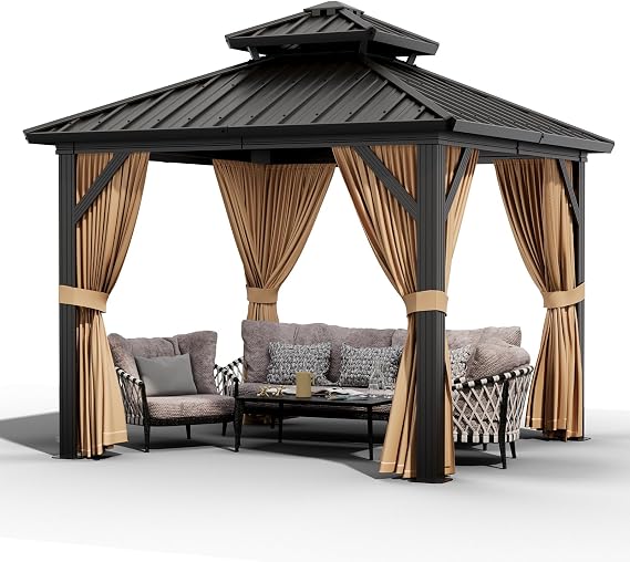 GarveeLife 10x10 ft Double Roof Hardtop Gazebo, Heavy Duty Galvanised Steel Hardtop Pavilion with Nettings and Curtains, Metal Roof Gazebo for Patio, Terrace, Lawn and Deck, Brown