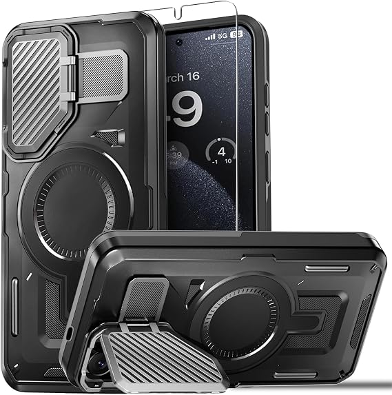 for Samsung Galaxy S25 Plus Case,Galaxy S24 Plus Case with Screen Protector,[Compatible with Magsafe][Adjustable Camera Stand ] Military-Grade Shockproof Protective Magnetic Cover-Black