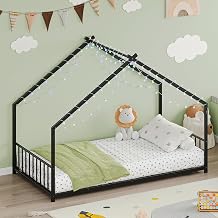 Twin Size House Floor Bed with LED Light, Metal Montessori Floor Bed with Headboard and Footboard, Kids Twin Bed Frame, No Box Spring Needed