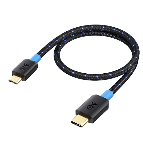 Cable Matters Braided USB C to Micro USB Cable, 1ft, Black | 3A/15W Charging, 480Mbps Data, Micro-B USB 2.0, for Controllers, Cameras, GPS and Dash Cams