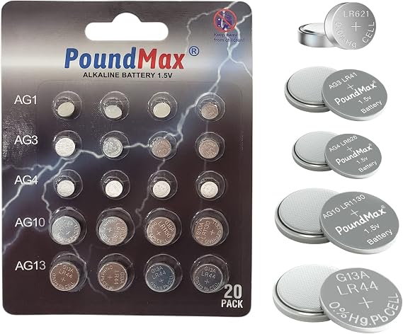 PoundMax AG1 / AG3 / AG4 / AG10 / AG13 Batteries 1.5v Alkaline Battery - 20 Count