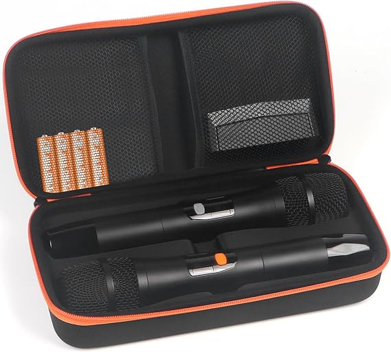 Kmise Microphone Case, Microphone Bag for 2 Handheld Wireless Mics Hard EVA Dual Wireless Mic Storage Box for Gigging and Travel for Receivers,Adapters,Batteries-Double Mesh Bag(Box Only)