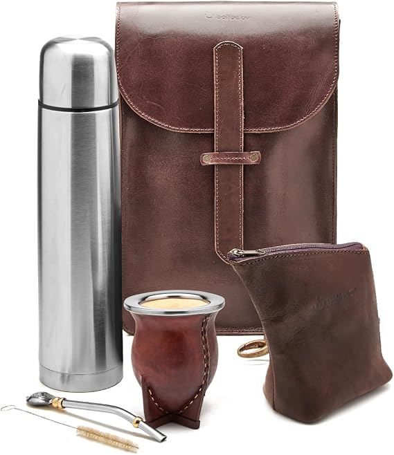 balibetov Complete Yerba Mate Kit - Handmade Matera Bag, Mate Gourd, Thermos, Yerba Container, Bombilla and Cleaning Brush Included (Camionero Calabash Gourd Set, Brown Matera & Yerbero)