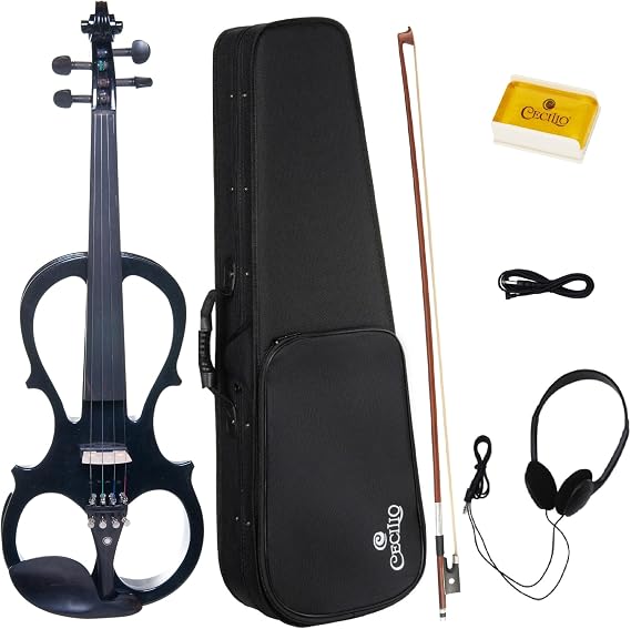 Cecilio Electric Violin 4/4 Full Size Silent Violin Set for Beginner, Solid Maple Wood Silent Violin with Ebony Fittings, Black Metallic