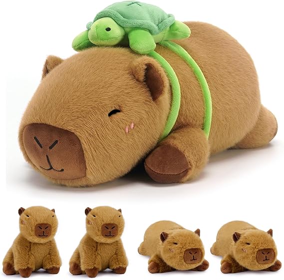 SQEQE Capybara Stuffed Animals with Babies, Soft Plush Pillow Toy | 5 in 1 Capybara Plush Set, Large Capybara with 4 Babies, Turtle Backpack Decor, Home Decor, Gift for Kids Adults
