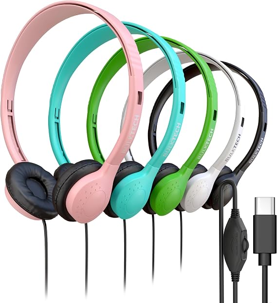 10 Pack Bulk Wired Headphones, Leather, USB-C, On-Ear, Volume Control, Compatible with Phone, Tablet, Laptop, PC for School, Class, Meeting, Conference, Test, Mix