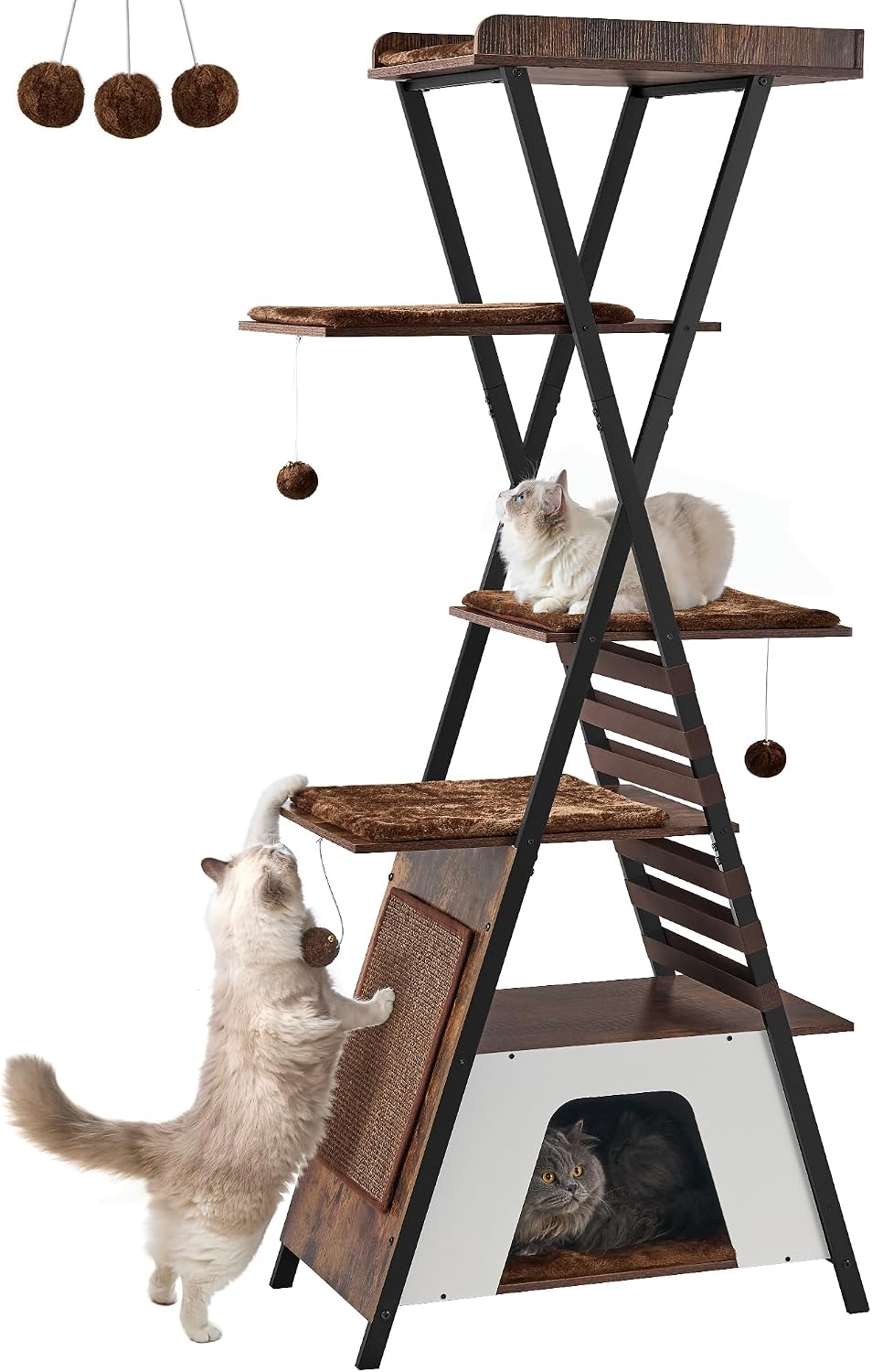 FourFurPets 184 cm Cat Tree, Modern Cat Tower for Indoor Cats, Multi-Level Cat Condo with Caves, Large Cat Tree with Scratching Board, 76 x 40 x 184 cm, Removable Pads, Rustic Brown