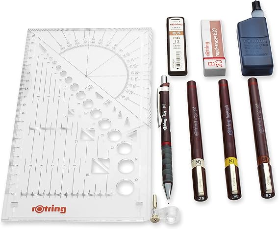 rOtring Isograph Fineliner Pen & Pencil College Set | 3 Technical Pens (0.25mm0.35mm0.50mm) and Mechanical Pencil (0.5mm) + Accessories
