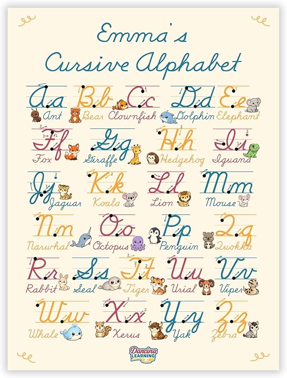 Personalized Cursive Alphabet Poster Wall Chart with Your Childs Name | Poster with Cute Animals for Each Letter | U.S. Classroom Writing Standards | Big Format 18" x 24