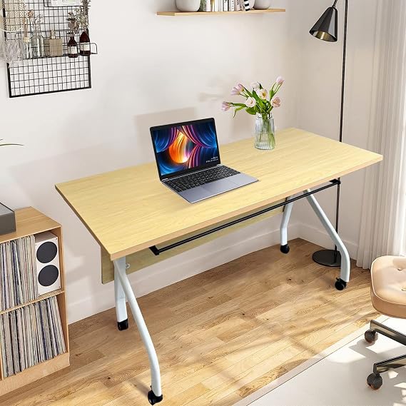 Folding Conference Table Meeting Tables, Conference Room Tables Flip Top Mobile Training Table with Silent Caster Wheels, Natural Wood Color Classroom Table Large Foldable Table for Office ( 1PCS)