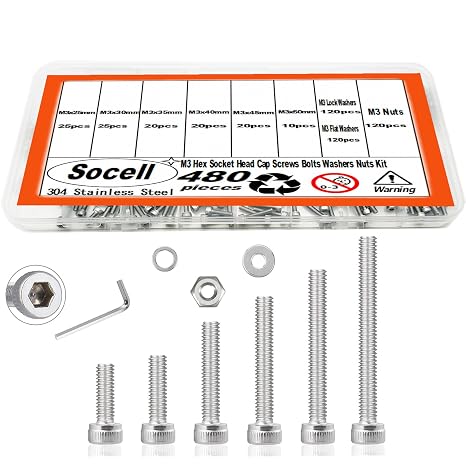 480pcs M3 Screw Assortment Kit,M3 Screws Bolts for 3D Printer DIY, Hex Socket Head Cap Screws Bolts Nuts Washer Kit, 304 Stainless Steel(M3-0.5 x 25/30/35/40/45/50mm)