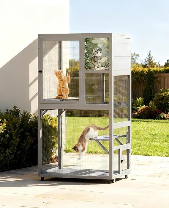 COZIWOW Wooden Catio 35.4x28x66 Rolling Multi-Level Outdoor Cat Enclosure