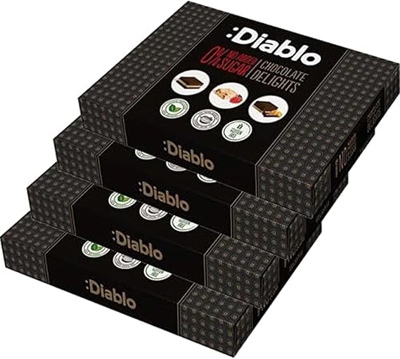 Diablo No Added Sugar Chocolate Delights - Luxury Chocolates Gift Box for All, Gluten Free Sweet Treats with Noir, Hazelnut & Forrest Fruit Selection, Ideal for Gifting, 12 Pcs per Box (Pack of 4)
