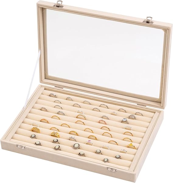 Frebeauty 10 Slots Ring Organizer Tray,Velvet Ring Box with Clear Lid