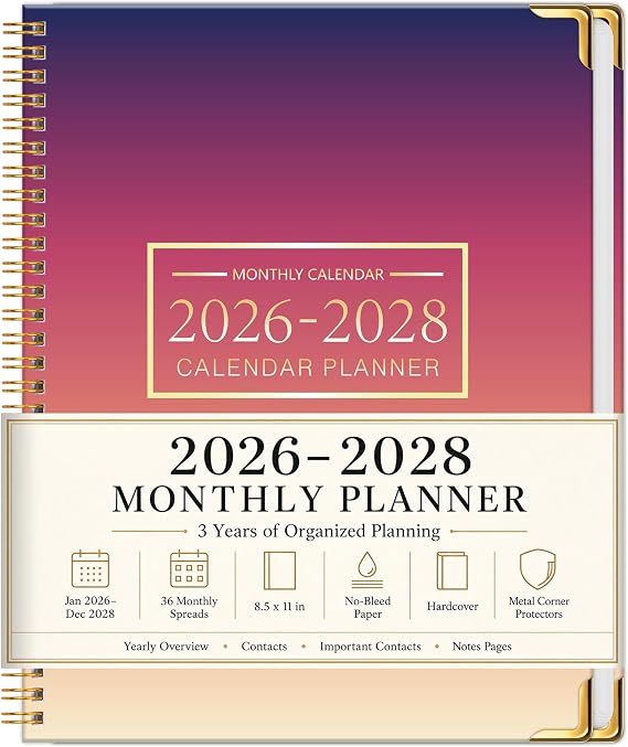 Monthly Planner 2026-2028, 36-Month Calendar, 8.5" x 11", Spiral Bound
