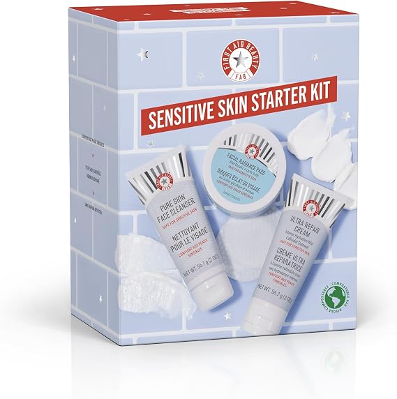 First Aid Beauty Sensitive Skin Starter Set – 3 Safe Products: Facial Radiance Exfoliating Pads, Pure Skin Face Cleanser & Ultra Repair Cream Moisturiser