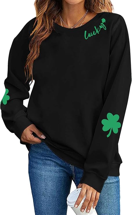 VILOVE Women St Patricks Day Sweatshirts Clover Sweater Irish Shamrock Pullover Long Sleeve Graphic Tops