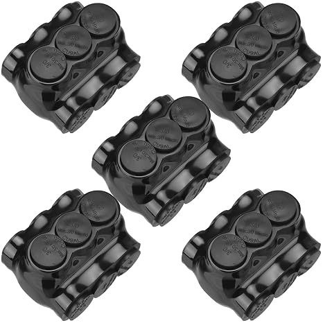 Copkim 5 Pack 3 Port Insulated Wire Connectors Black Multi Aluminum Inline Splice Tap Connector Pre-Filled Oxide Inhibitor Dual Sided Entry for Residential Wiring Applications, Ul Listed (3/0-6 AWG)