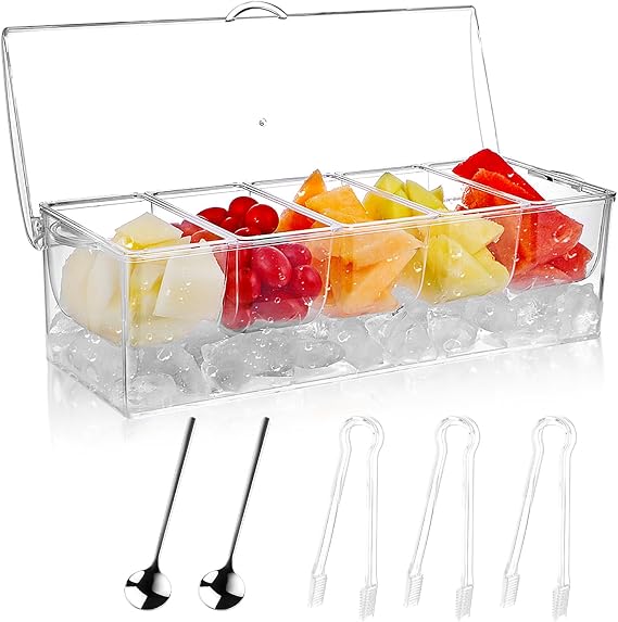 MOLIGOU Chilled Condiment Server with Lid, Chilled Condiment Tray with 5 Removable Compartments, Ice Condiment Serving Containers