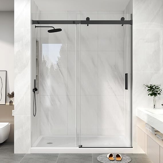 KPUY Frameless Sliding Glass Shower Door 55-60" W x 76" H, Matte Black