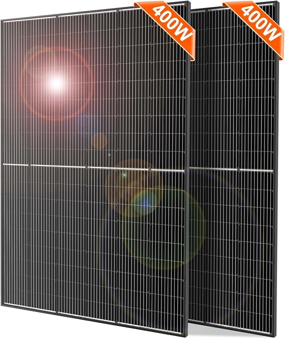 DOKIO 800W Solar Panels, 2-Pack of 400W, 31V, for 12V/24V Systems | Two 400W monocrystalline panels, each with a 9.84 ft lead; for yards, sheds, cabins, patios, and off-grid systems