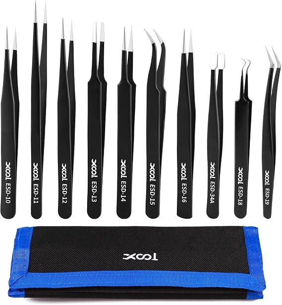 XOOL 10 PCS ESD Precision Tweezers Set, Anti-Static Stainless Steel Tweezers Kit for Electronics, Soldering, Craft, Jewelry, Model Building, Beauty