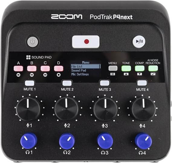 Zoom PodTrak P4next Podcast Recorder with 4 Inputs + AI Noise Reduction