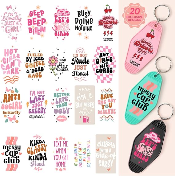 Kaciola Studio Funny UV DTF Stickers for Motel Keychain-80PCS Funny Sassy Theme UV DTF Wrap Stickers, Pink UV DTF Decals, UV DTF Transfer Sticker Decal Rub on Transfers for Hotel Blanks Keychain