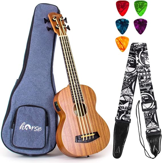 Electric Acoustic Bass Ukulele, Horse 30 inch Sapele Professional Aquila EADG with Gig Bag Strap Picks for Beginner and Advanced