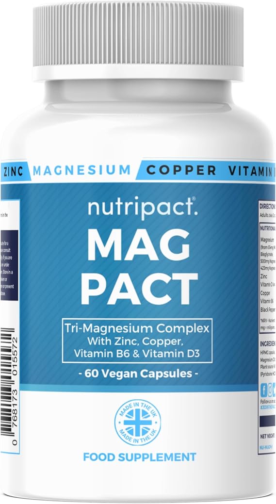 Nutripact Magnesium 6-in-1 Complex 1757mg – Triple Magnesium (Glycinate, Citrate & Malate), Zinc, Copper, Vitamin D3, Vitamin B6 – High Strength Magnesium Supplement - 60 Vegan Capsules (not Tablets)