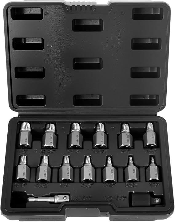 15 Pieces Screw Extractor Set, 3/8" Hex Drive Easy Out Bolt Extractor Kit, ulti-Spline Screw Remover Tool Kit for Removing Stripped, Broken Rusted Bolts Screws
